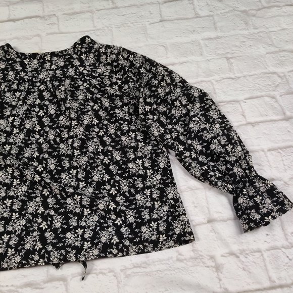 Sandy & Sid womens button down flounced long sleeve shirt black floral top sz M - Picture 6 of 11